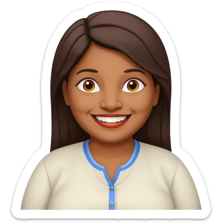50 yr old chubby Sri Lankan woman, dark skin, straight brown hair, big smile, white teeth, european clothes, hair sticker