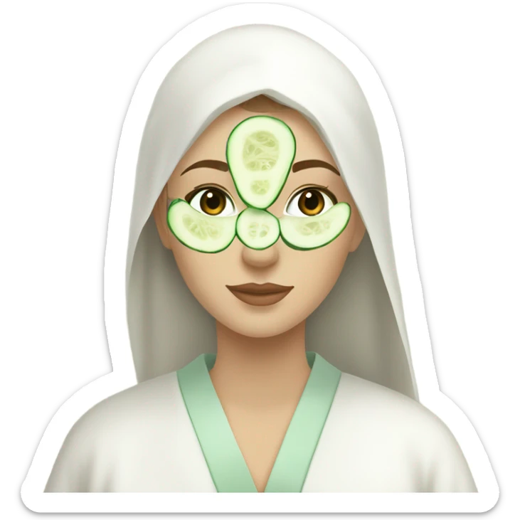 White girl with Brown hair and blue eyes wears a Green clay colored skincare textured mask and puts on cucumbers around her eyes while She relaxes in her white Robe sticker