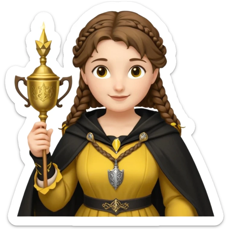 Helga Hufflepuff,the Hogwarts founder of Hufflepuff,brown-haired,2braids,yellow-black medieval dress with black cloak decorated with gold braiding,flickering magic wand and tiny two-handled shiny gold cup engraved with the badger silhouette,very kind smile,curvy busty sweet sticker