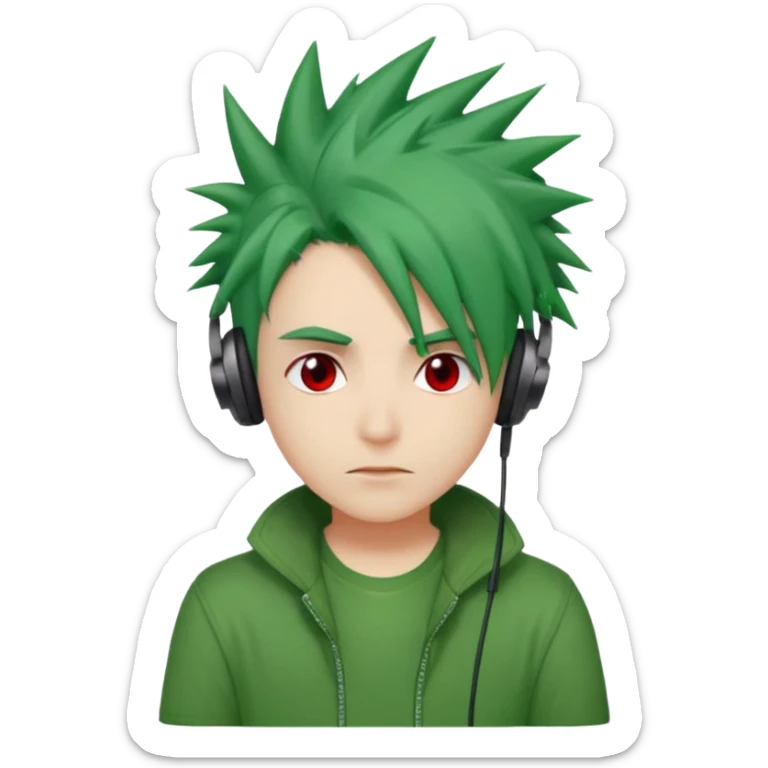 chico pelo medio largo ojos rojos y una camisa verde pelo tipo spike y unos audifonos sticker