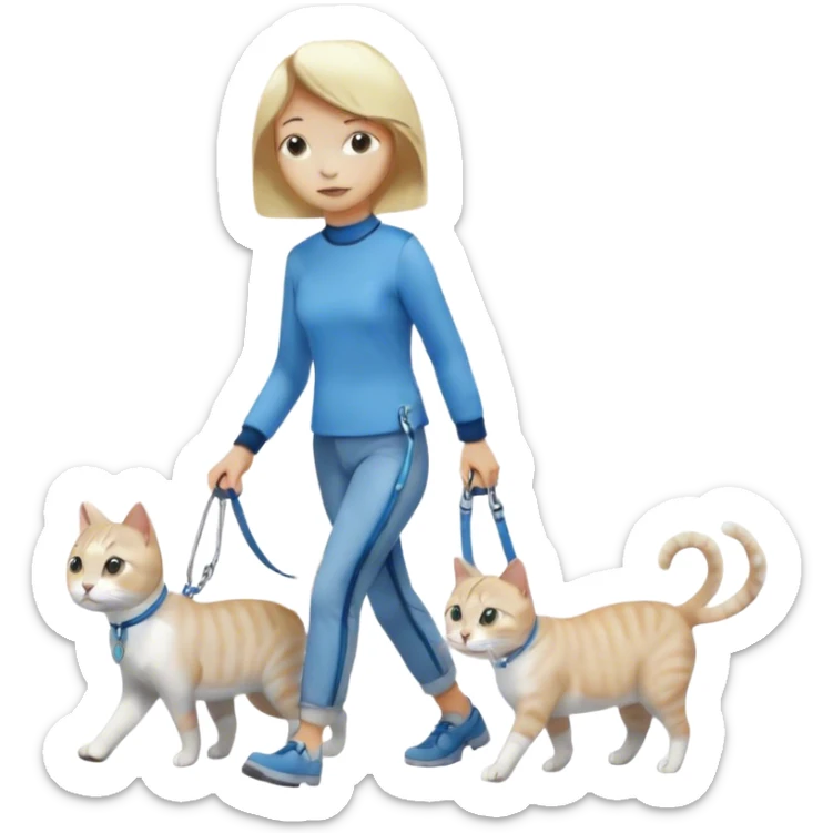 blonde short-haired woman walking a gray and white cat on a blue leash sticker