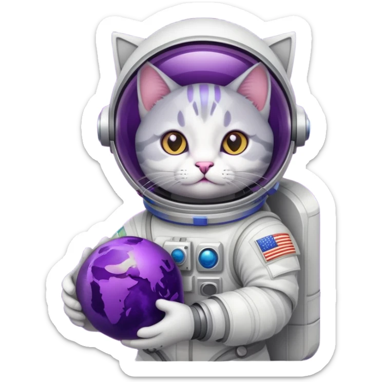 Cartoon grey and white cat in an astronaut suit holding a big purple planet with a dark purple ring sticker