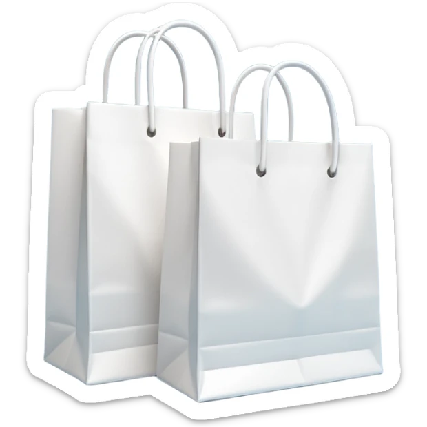 A 3D emoji of two white paper shopping bags, one large and one small, standing next to each other. Soft studio lighting, smooth 3D rendering, claymorphism style, minimalist design, cute, high resolution, isolated on a white background. sticker