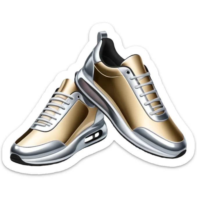 A pair of futuristic sneakers emoji made of silver chrome, sleek streetwear design, smooth metallic panels, subtle reflections, luxury swag aesthetic, iOS emoji style, centered, clean white background sticker