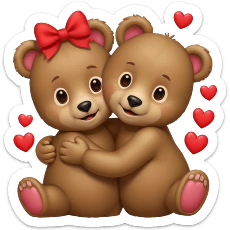 female bear with bow on her head and male bear hugging, couple, surrounded by hearts, playful and loving, cute, same height  sticker