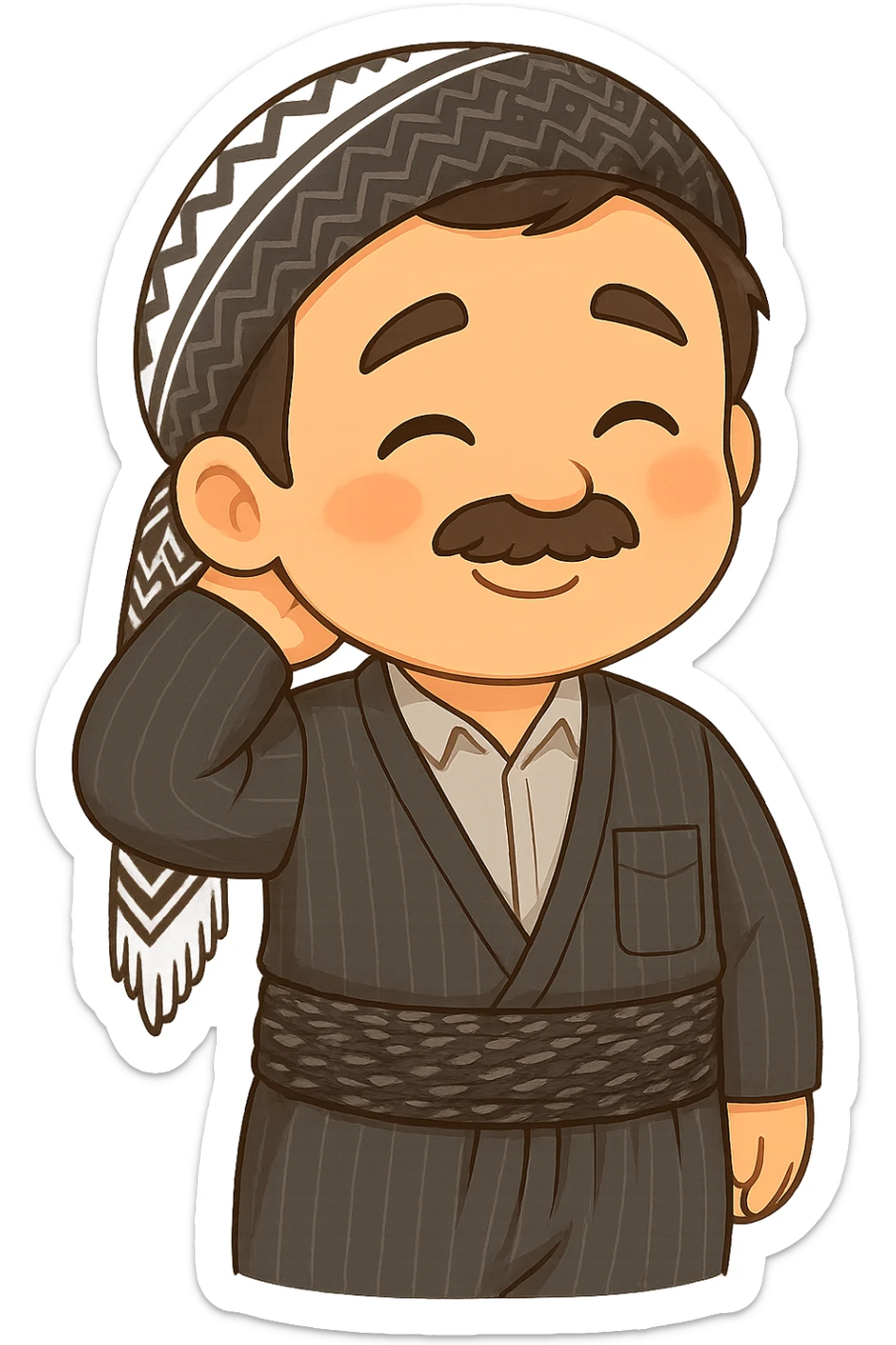 Cartoon sticker of a Kurdish man with the same clothes and scarf as the reference image, no changes to clothes or scarf, face showing a shy expression, one hand behind the head and a shy smile, colorful and cheerful, no shadows or color halos around the image, no text, suitable for WhatsApp and Instagram, fully transparent background. sticker