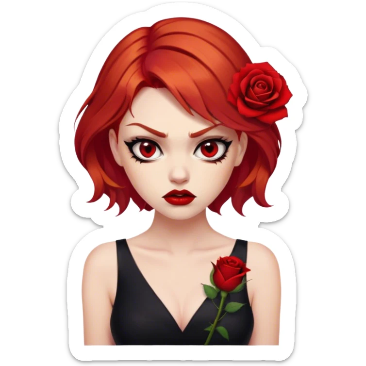 a beautiful very angry woman with red hair and red eyes. The woman wear a black little cutted dress. She have red lipstick and she have a seductive look. She have a rose flower in her hair. Angry face sticker