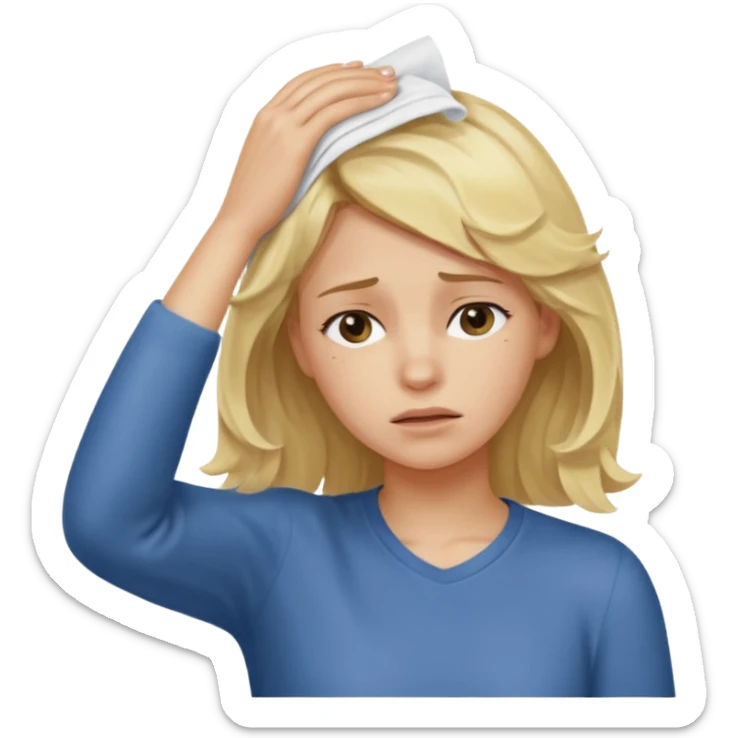 tired blond girl with lightly wavy hair, wipes away sweats from the forehead sticker