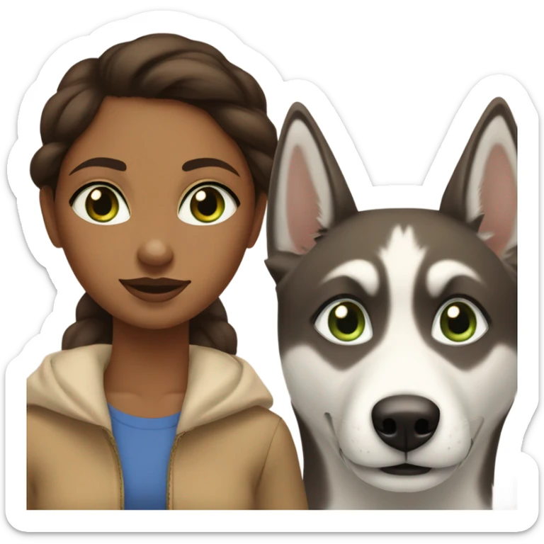 Brown girl with blue eyes next to a female Husky beige golden with green eyes sticker