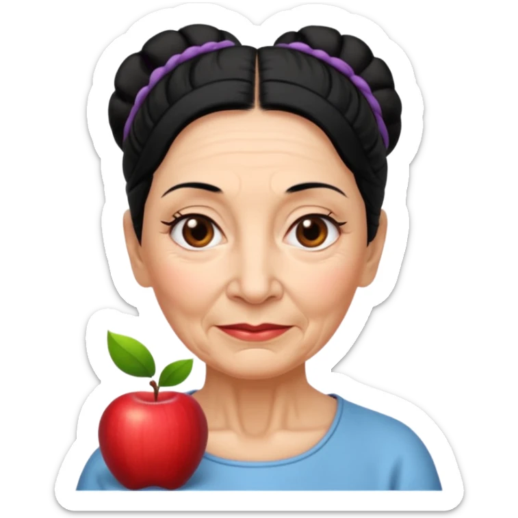 older woman with wrinkles, black hair tied back, serene expression, Apple emoji style sticker