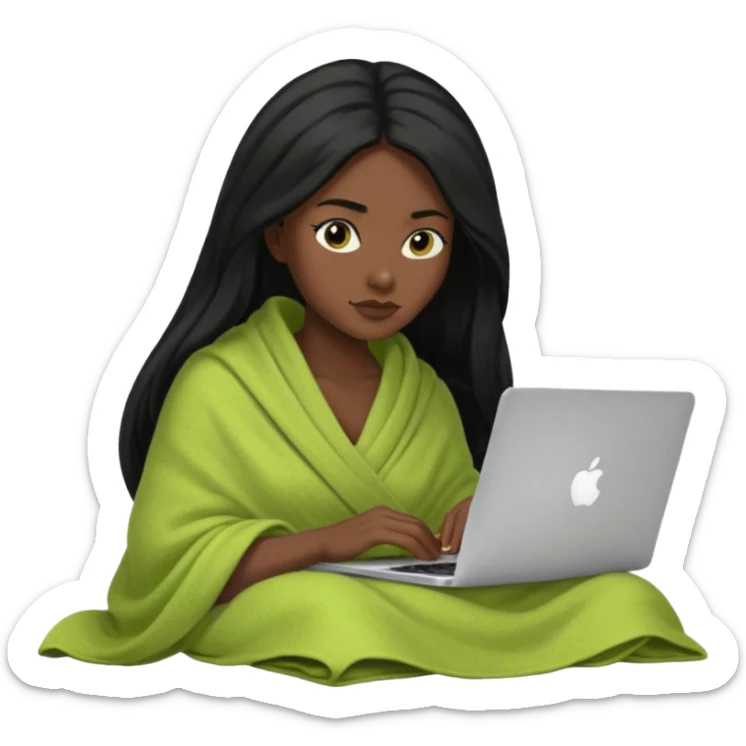 Black long hair and black skin woman inside a green pistachio color blanket working on her MacBook  sticker