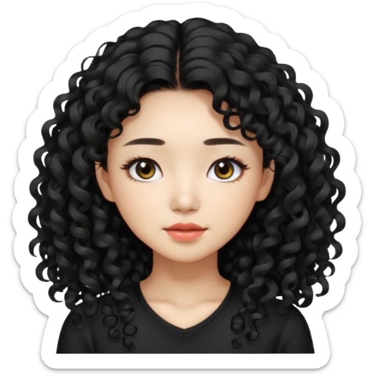 Korean woman with black cute long curly hair  with a black top with long lashes sticker