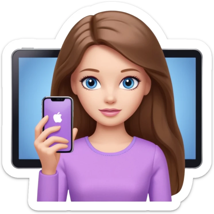 beautiful barbie girl with long brown hair, blue eyes and wearing light purple clothes watching netflix on tv sticker