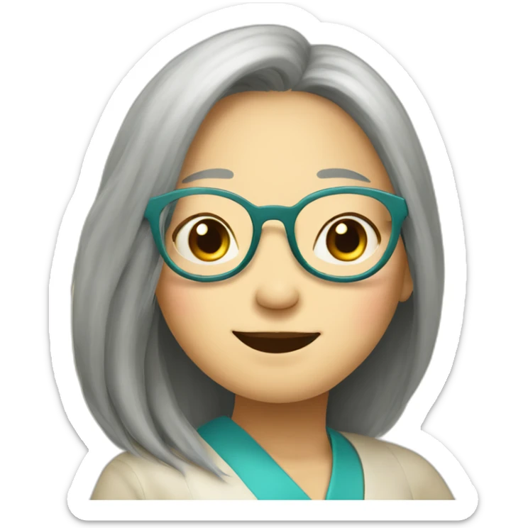 Chinese senio lady has long hair wear glasses show love sign sticker