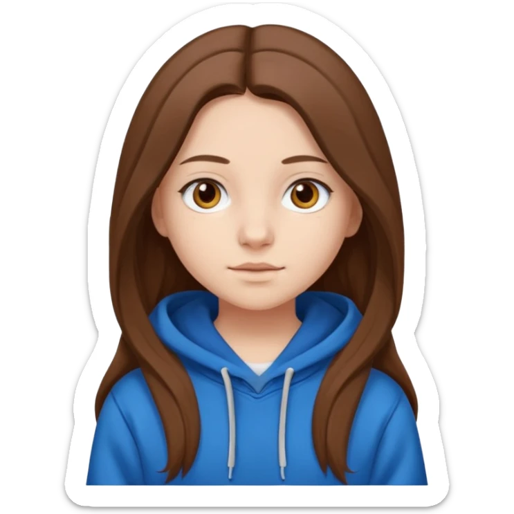 teen girl, white skin, long brown hair middle parted, brown eyes, blue hoodie sticker