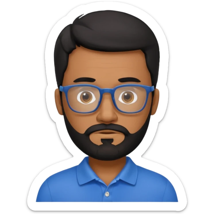 A tanned 50year old bearded man with black hair wearing glasses and a blue polo sticker