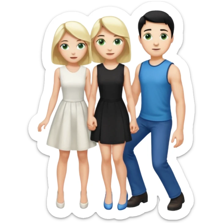 prince, black hair, blue eyes, garment,  woman, blonde Hair, green eyes, bending knee, sleveless white dress, sticker