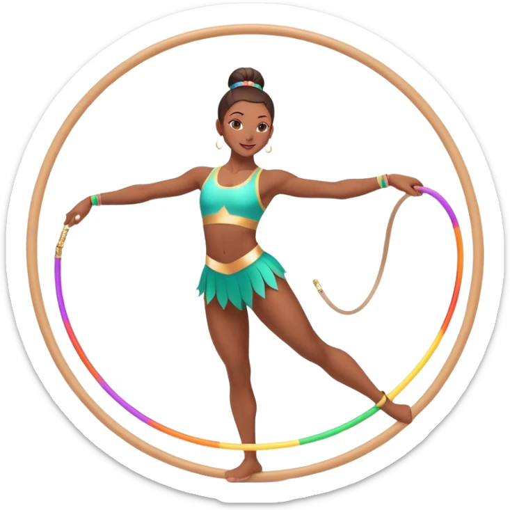 An energetic gymnast performing aerobics with a hula hoop. The gymnast is spinning the hoop around their waist in an elegant pose. The background is a lively fitness studio with colorful lights and an active atmosphere, showcasing movement and grace. sticker