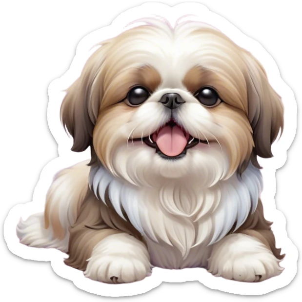 Cinematic Cute Yawning Shih Tzu Portrait Emoji, Head gently tilted with an irresistibly cute yawn and sleepy, half-closed eyes, showcasing a luxurious, fluffy fur in gentle pastel tones, simplified yet endearingly detailed, glowing with a soft, drowsy radiance, high shine, exuding tender, sleepy charm, styled with a delicate, soft glowing outline, capturing the essence of a Shih Tzu caught in a moment of adorable, sleepy bliss! sticker
