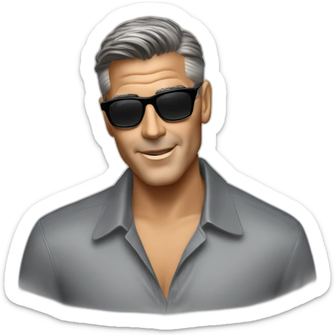 George Clooney with dark brown hair, a high fade, rayban wayfarer sunglasses sticker