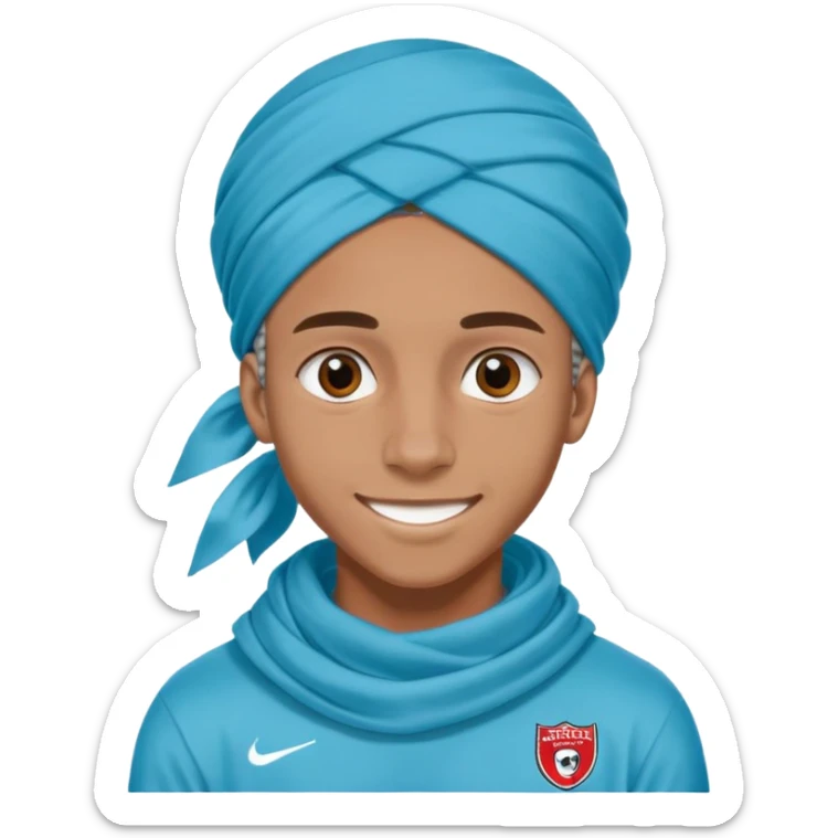 "- con trai
- 17 tuổi
- Da nâu
- Tóc con sâu châu phi, nhuộm xanh nước biển, đội khăn xanh nước biển
- Cười mỉm, mắt to
- Mặc áo bóng đá màu đỏ sticker