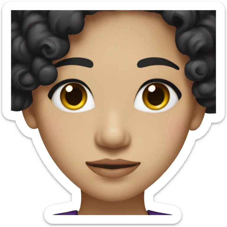 A woman with Korean features wavy black hair with purple eyes and eyes wearing a black dress and an arrogant smile sticker