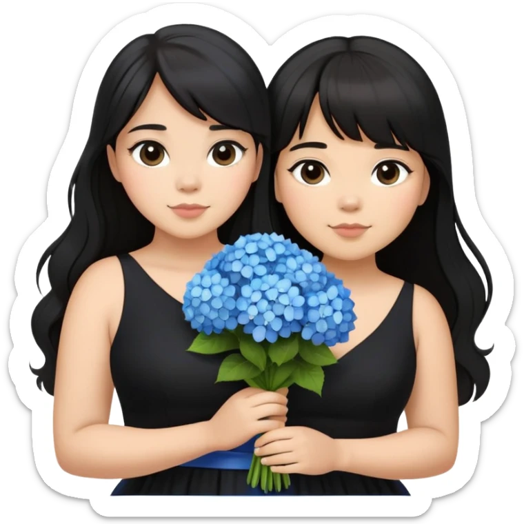Latina girl with bangs black long hair in pony tail plus size black dress holding a blue bouquet of hydrangeas sticker