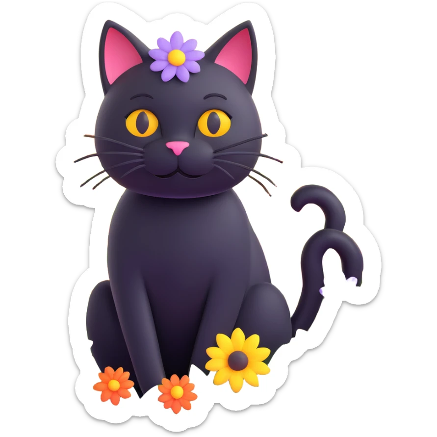 A black cat with a flower on its head in a field of flowers, different angle sticker