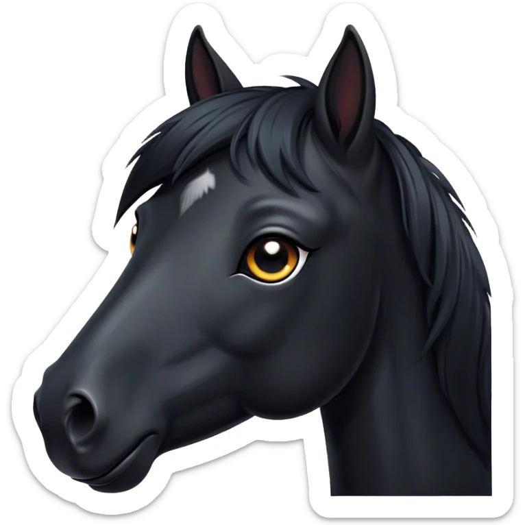 Cinematic Cute Black Horse Portrait Emoji, Head tilted playfully and inquisitively, showcasing a glossy black fur with a striking sheen and expressive dark eyes filled with curiosity, Simplified yet irresistibly adorable features, highly detailed, glowing with a warm, friendly glow, high shine, affectionate and spirited, stylized with a touch of whimsy, bright and endearing, soft glowing outline, capturing the essence of a mischievous yet loving horse, so playful it feels like it could trot out of the screen and into your arms! sticker
