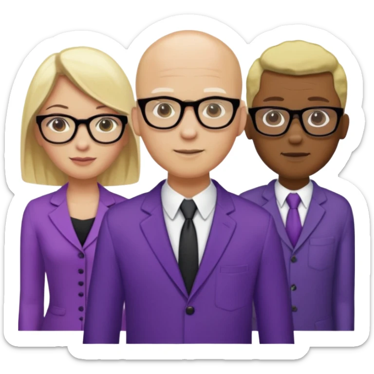 FIVE person team; 2 men and 3 women.  All dressed in yellow or purple.  Women have blonde and ash blonde hair.  1 man is black and bald, 1 man is caucasian and very little hair left.  All have glasses sticker