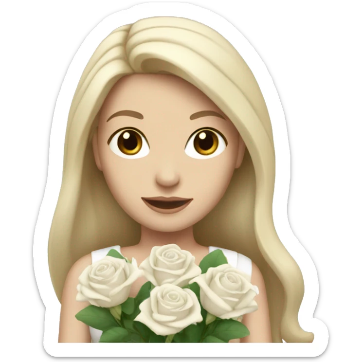white girl with long hair with a bouquet of  white roses sticker