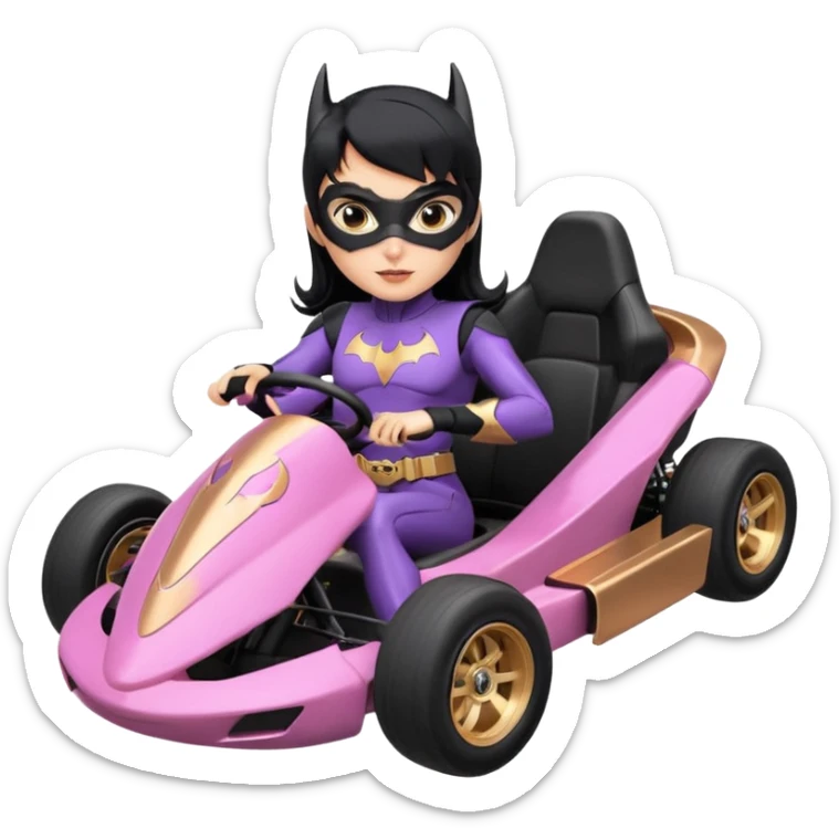 Hot full size real-appearance enclosed electric racing action BatGirl’s feminine midnight-colored tight outfit sixty’s tv show 1992 stealthy retro sporty safe plush petite off-road pursuit cruiser car rose gold accents (black hair,reclined and relaxed torso seating position) go kart  sticker