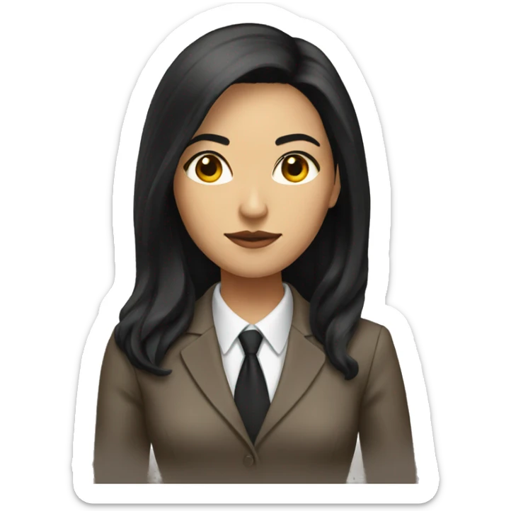 Female defense attorney with long black hair with brown suit sticker