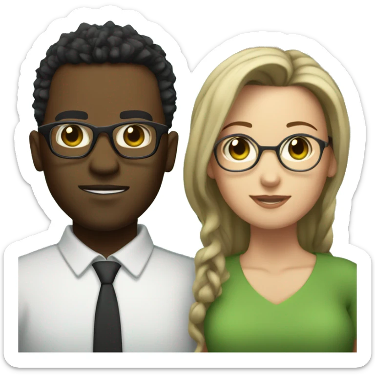 black male with spikey hair and glasses and white female with brown wavy hair , green eyes and glasses sticker
