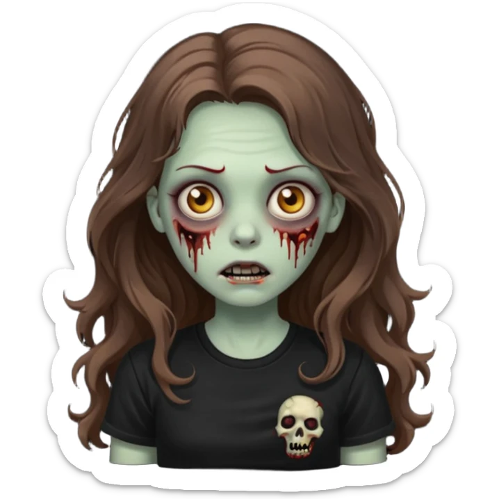 crie um emoji de uma garota zoombie cabelo castanho e longo , assustadora e fofa com cabelo ondulado 2b e camiseta básica preta sticker