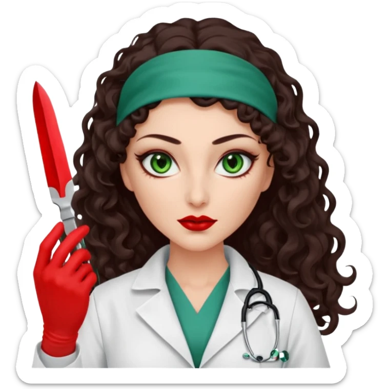 Lilith scalpel sexy evil woman. She has green eyes.  has dark brown long curly hair.  evil surgeon kills holding scalpel.  wears sexy doctor coat with red gloves. Covers only nose neck  and mouth with Muslim red berka  sticker