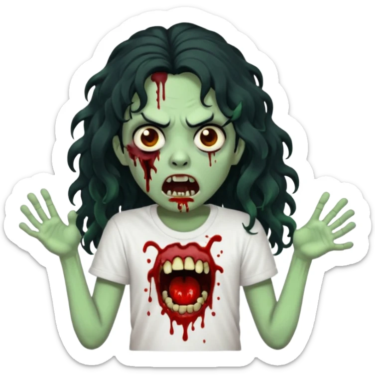 a zombie with long curly black hair volumoso, brown eyes, a white t-shirt and a splash of blood on her t-shirt, mouth open like a zombie, green skin color, not much expression, no drawing on shirt, no hands showing, less blood on her face, less blood, black hair and black eyes sticker