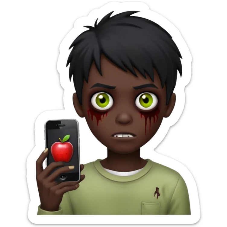 creepy boy zombie, human-like, black emo hair, black eyes, dark skin, Apple iPhone emoji style sticker