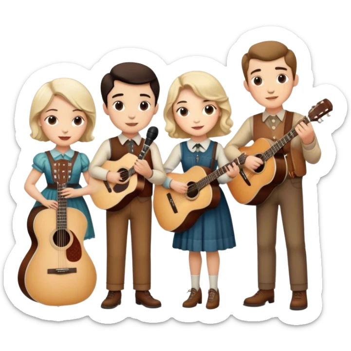 Icon for Country Music: The Carter Family—Alvin, Ezra, Sara, and Maybelle Carter—grouped together with a vintage microphone, acoustic guitars, and Appalachian folk aesthetics. A warm, nostalgic atmosphere represents their influence on country music. Transparent background. sticker