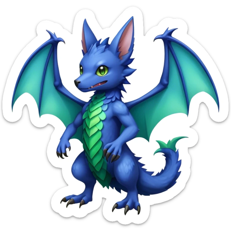 Cute cool fantasy animal hybrid bat-Sergal-Digimon-Fakemon full body, green scales, brown eyes, blue feathers sticker