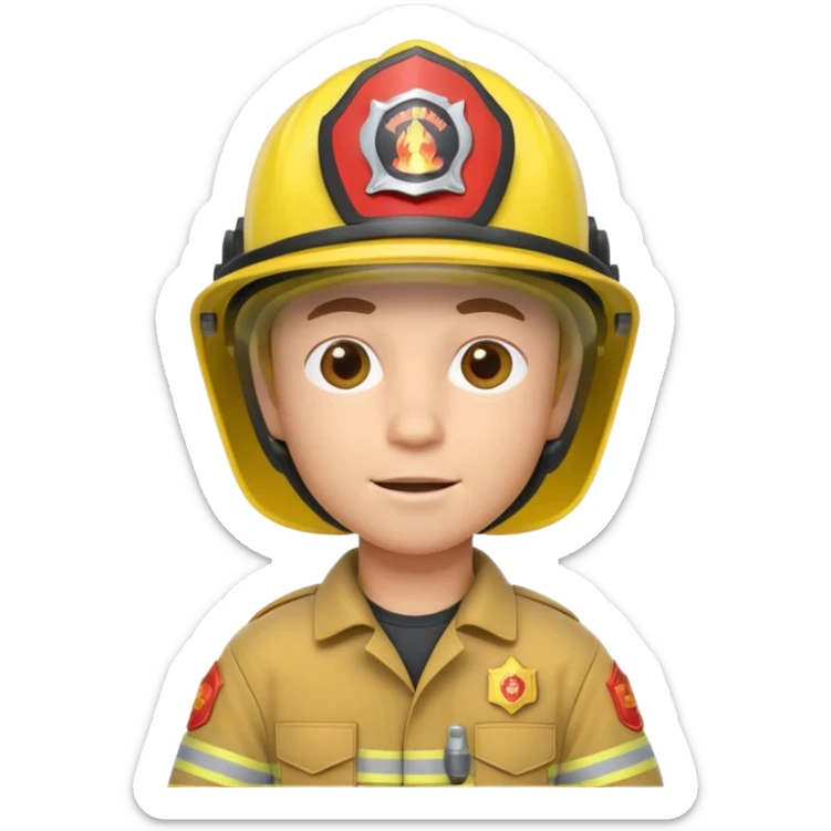 3D cartoon-style firefighter in the Apple emoji style, wearing a bright yellow helmet and fireproof uniform, front-facing, soft lighting, white background. sticker