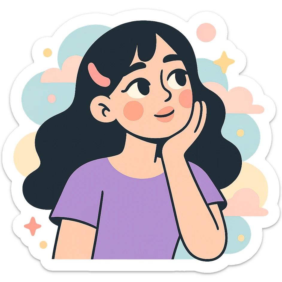 aesthetic girl with black hair, soft pastel colors, dreamy background sticker