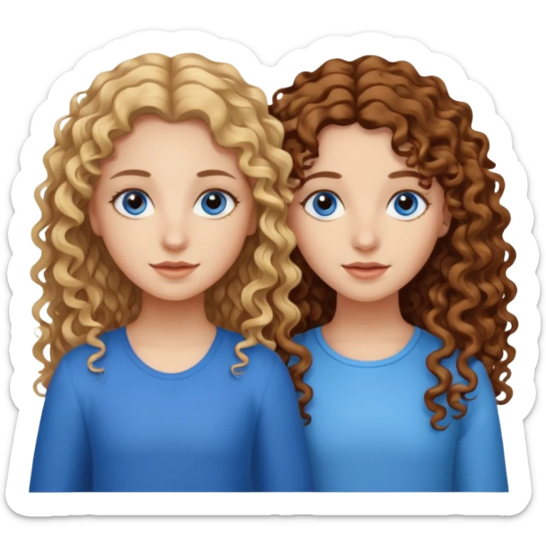 sisters, one has brown eyes, long curly brown hair, the other one has blond non-curly hair and blue eyes sticker