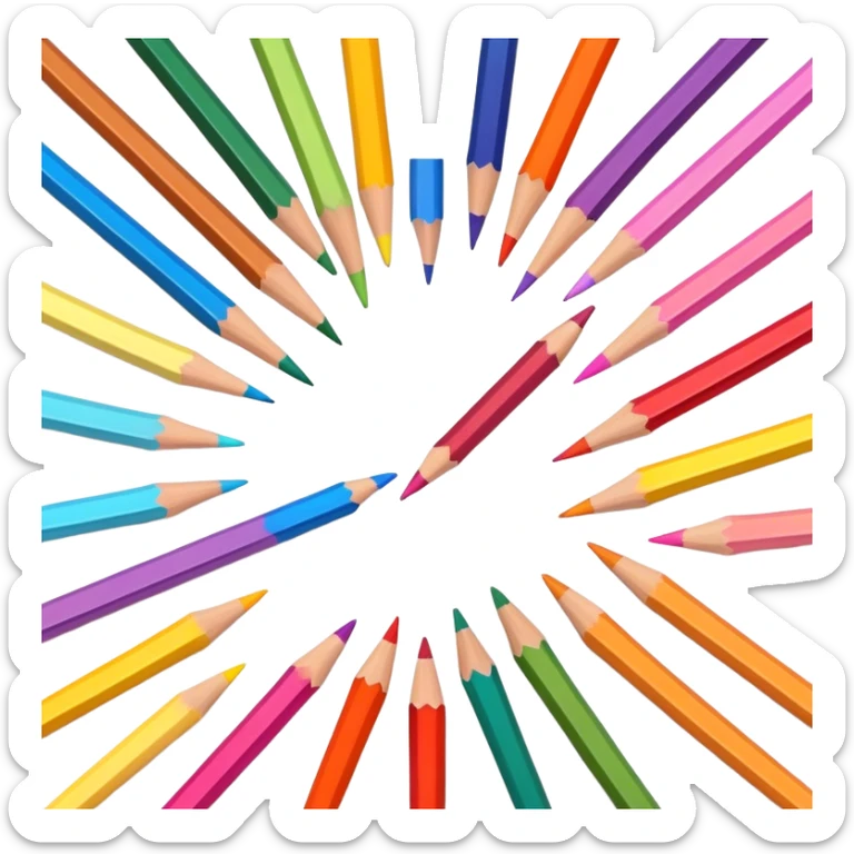 Cinematic Realistic image of a set of finely sharpened colouring pencils arranged neatly on crisp paper, rendered with vibrant hues and detailed pencil textures, illuminated by soft, creative lighting that captures the spirit of artistic expression sticker