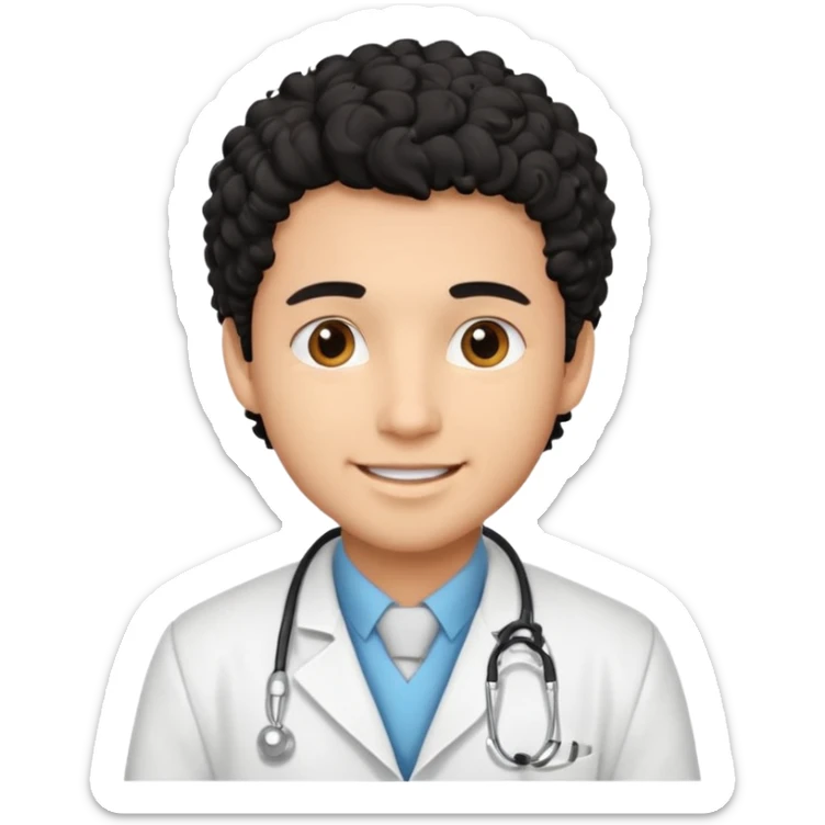 a young male doctor with black  curly hair and cheerful face sticker