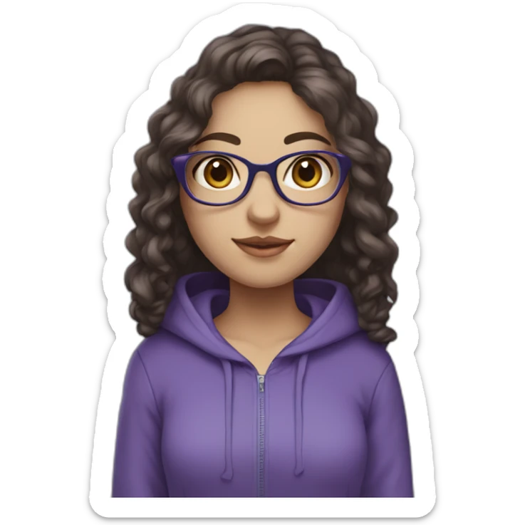 full length girl with glasses in a purple hoodie with big blue eyes and white skin and curly dark browny long hair sticker