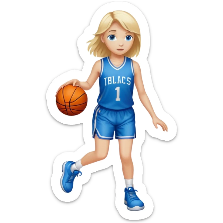 Fair skinned girl with blonde hair and blue eyes, dribbling a basketball sticker