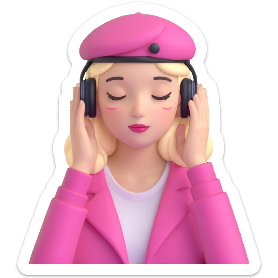 girl wearing a pink beret and AirPods Max headphones, listening to music with closed eyes sticker