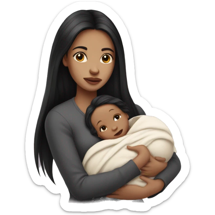 Pale girl with long black hair is holding a pale newborn baby sticker