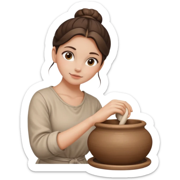 Brunette girl with a bun, behind the potter's wheel, wearing neutral clothing sticker